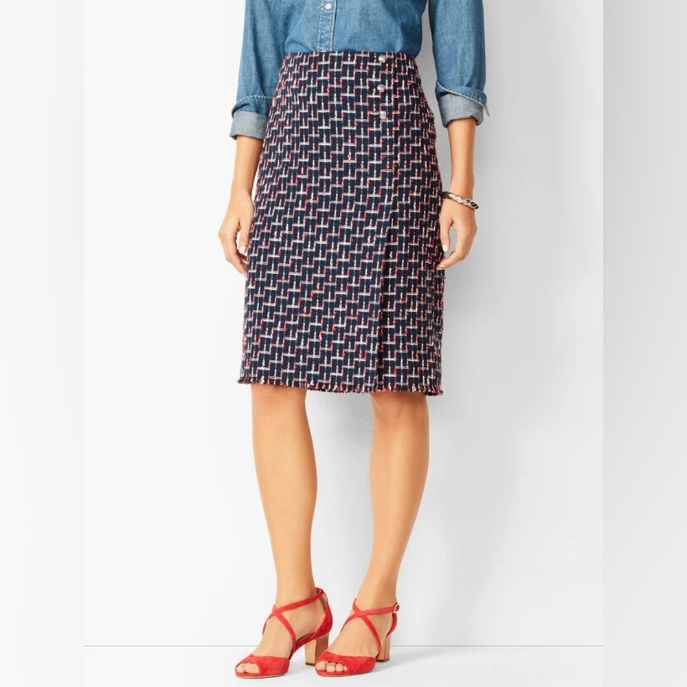 NWT Talbots Tweed Skirt Navy Red Boucle Wrap Skirt 14P Smart Casual Preppy Chic‎